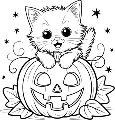 Adorable kitten sits on a carved pumpkin surrounded by stars and leaves jackolantern halloween