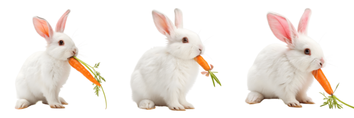 Set For Three white rabbits are isolated on transparent background, each eating a carrot