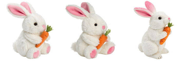 Obraz premium Set For Three stuffed bunny rabbits are isolated on transparent background, each holding a carrot