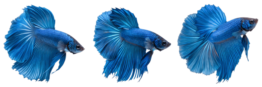 Set For Three blue betta fish are isolated on transparent background, showcasing their vibrant fins and graceful movements