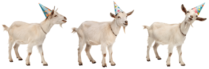 Set For Three white goats are wearing party hats isolated on transparent background