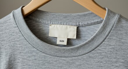 Closeup of a gray tshirt collar with a blank label and size tag