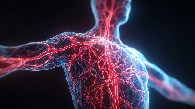 detailed human vascular system with glowing red and blue veins
