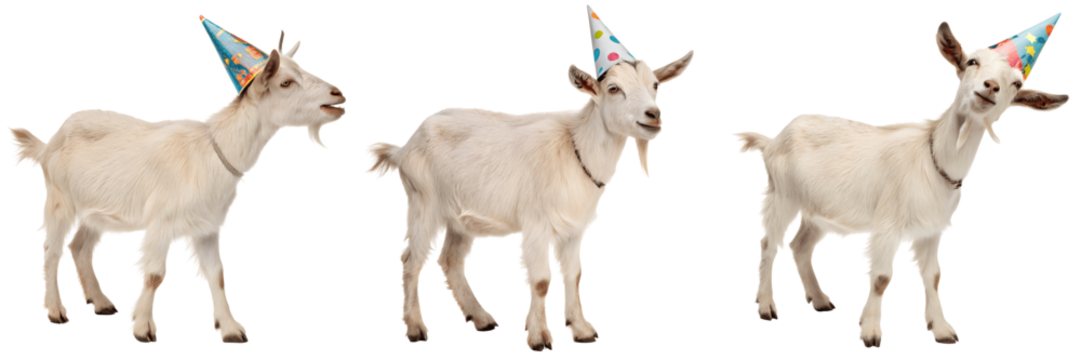 Set For Three white goats are wearing party hats isolated on transparent background