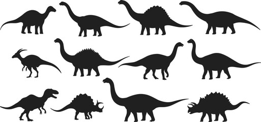 Dinosaur silhouette set – prehistoric reptiles vector illustrations, T-Rex, Brontosaurus, Stegosaurus, Triceratops black silhouette collection