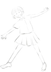 半袖シャツとプリーツスカートの学生服を着た若い女の子線画イラスト