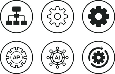 Six black and white business process icons in circles