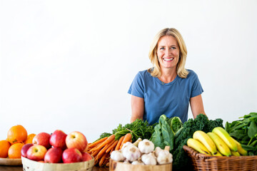 Smiling Woman With Fresh Fruits And Vegetables at Farmer's Market Stand