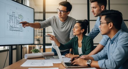 Collaborative meeting with engineers examining building designs