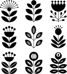 Black floral motifs with stylized leaves and circular elements white botanical © Sultana