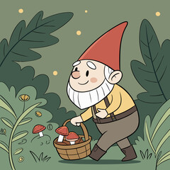 Cheerful Garden Gnome with Mushrooms in Magical Forest – Whimsical Digital Art	