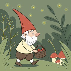 Cheerful Garden Gnome with Mushrooms in Magical Forest – Whimsical Digital Art	