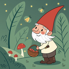 Cheerful Garden Gnome with Mushrooms in Magical Forest – Whimsical Digital Art	
