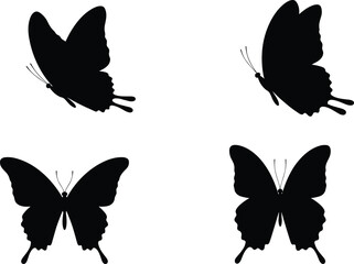 Black butterfly silhouette collection, flying insect vector icons, symmetrical wing design, natural shape, isolated butterfly outline graphic set
