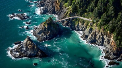 Aerial view of bridge extending across green cliffline and waves