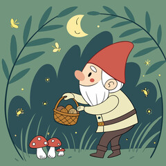 Cheerful Garden Gnome with Mushrooms in Magical Forest – Whimsical Digital Art	