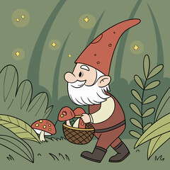 Cheerful Garden Gnome with Mushrooms in Magical Forest – Whimsical Digital Art	