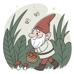 Cheerful Garden Gnome with Mushrooms in Magical Forest – Whimsical Digital Art	