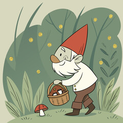 Cheerful Garden Gnome with Mushrooms in Magical Forest – Whimsical Digital Art	