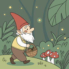 Cheerful Garden Gnome with Mushrooms in Magical Forest – Whimsical Digital Art	