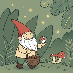 Cheerful Garden Gnome with Mushrooms in Magical Forest – Whimsical Digital Art	