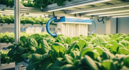 Hightech indoor farm with AIdriven environmental controls optimizing crop yield.