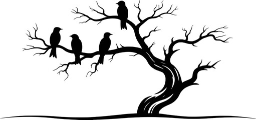 Black silhouette of birds perched on a bare tree branch