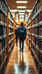 Students exploring a library aisle filled with books and warm lighting