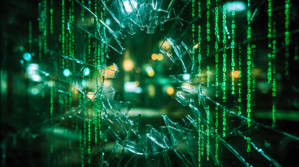 Broken glass with digital code in a hacking-themed digital environment
