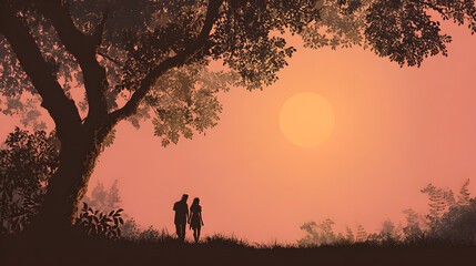 Romantic Tropical Sunset Silhouette of a Couple