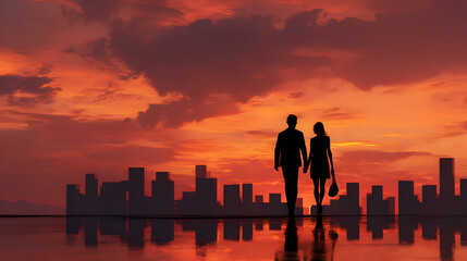 Couple Silhouetted Against a Futuristic City Sunset Reflection