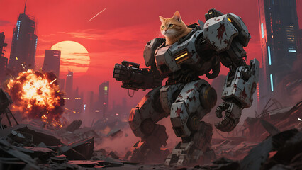 Ginger cat piloting a battle-damaged mech amidst a destroyed futuristic cityscape at sunset, apocalyptic sci-fi scene with explosions in the background