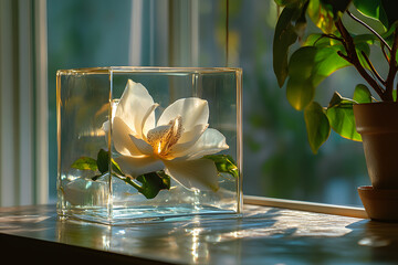 a flower in a glass vase sitting on a table