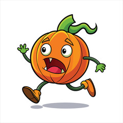 Cartoon pumpkin character with a scared expression runs with its arms and legs flailing, isolated on a white background