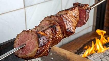 Savor the Flavor: Mouthwatering BBQ Beef Skewer Grilling over Open Flames, Perfect for Summer Cookouts and Restaurant Promotions with Authentic Brazilian Churrasco Taste