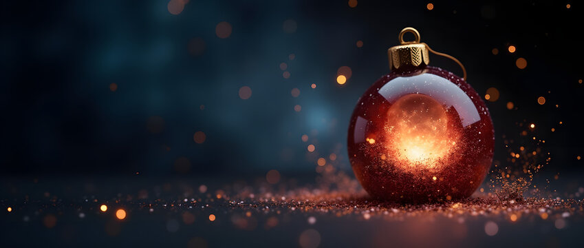 boule de no&euml;l en verre transparente avec des paillettes lumineuses dor&eacute;es, isol&eacute; sur fond noir, effet bokeh