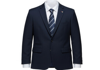 Formal navy suit with white shirt and striped tie on display on transparent background