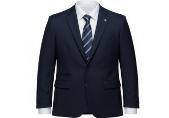 Formal navy suit with white shirt and striped tie on display on transparent background