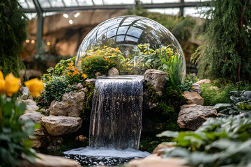 a waterfall in a garden with a glass dome
