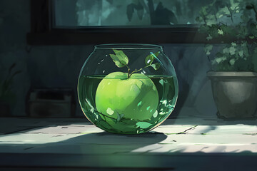 a green apple in a glass bowl on a table