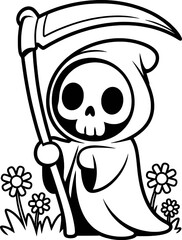 Cute grim reaper character with scythe and flowers skull