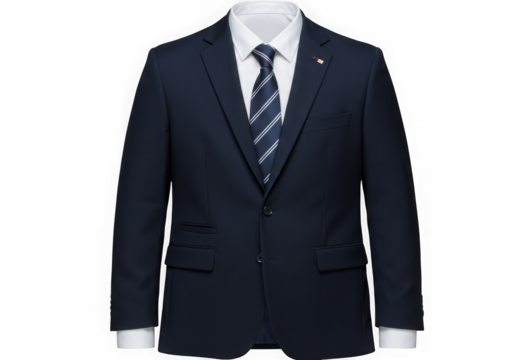 Formal navy suit with white shirt and striped tie on display on transparent background