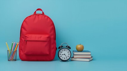 Back to school scene with red bag and supplies on cyan backdrop.