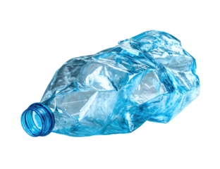 Crumpled, light-blue plastic water bottle