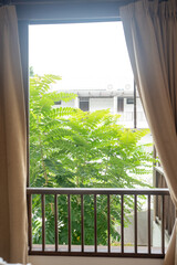 Cozy beige curtain empty hotel resort room