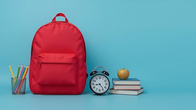 Back to school scene with red bag and supplies on cyan backdrop.