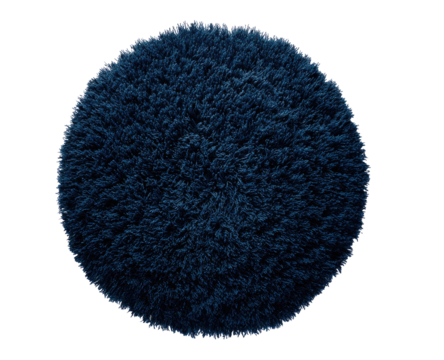 Deep navy circular rug with a plush, fuzzy texture