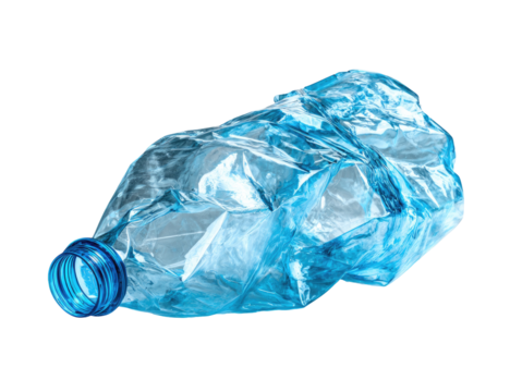Crumpled, light-blue plastic water bottle