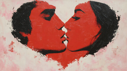 Pop Art Kiss: Young Couple in a Red Heart Silhouette
