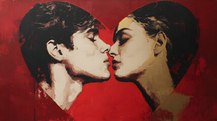 Pop Art Kiss: Young Couple in a Red Heart Silhouette